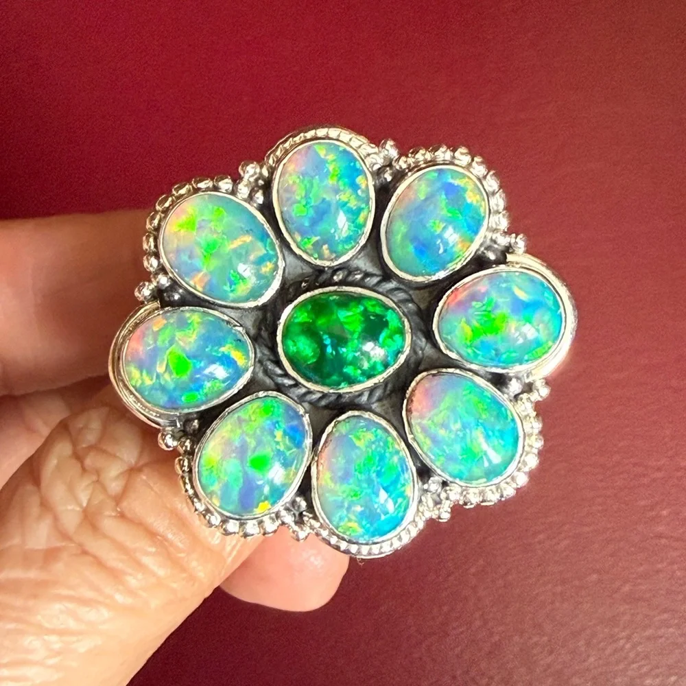 925 sterling silver Opal Flower Ring - Picture 1 of 6